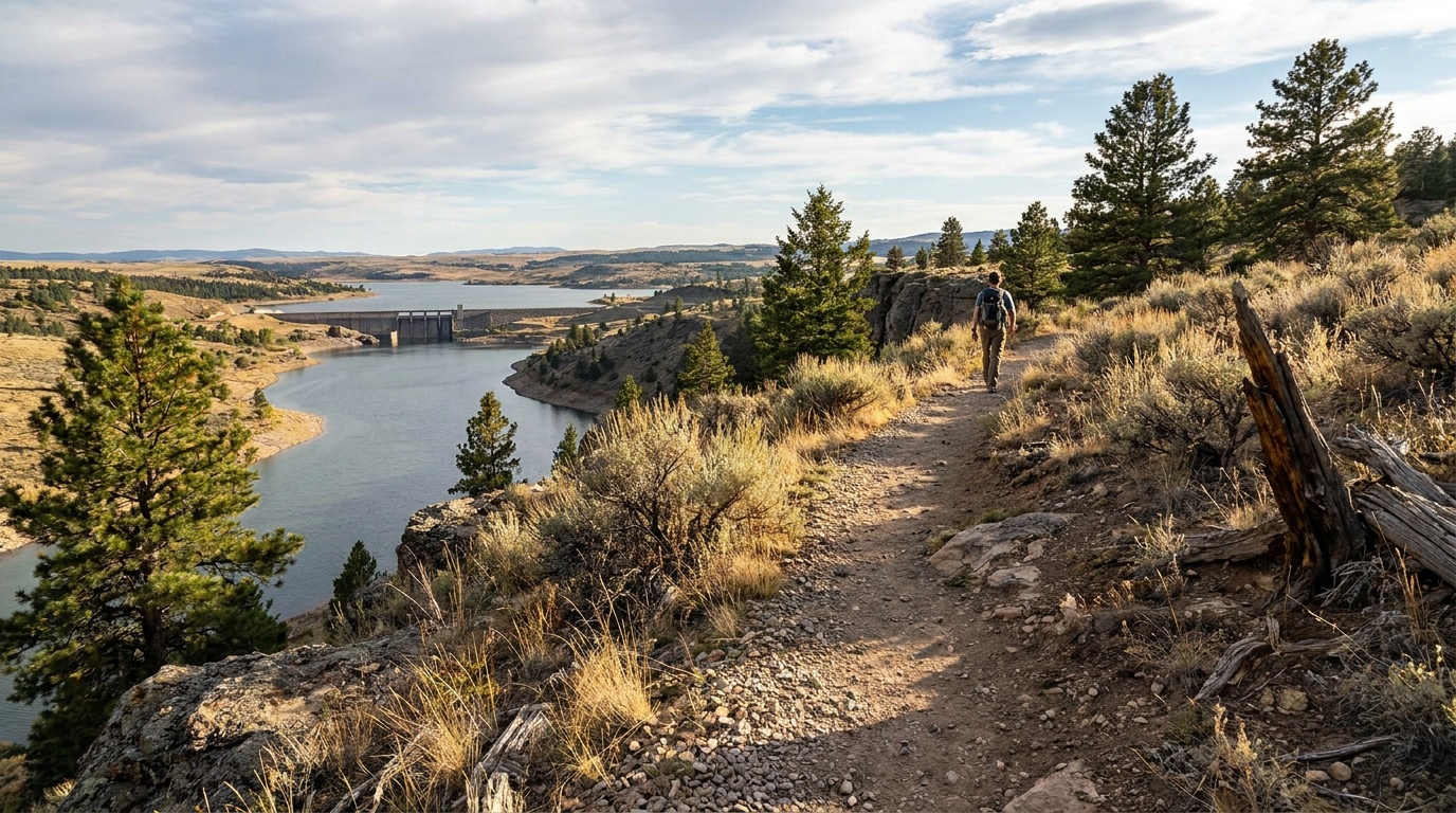 Bluff-top trail overlooking Guernsey Reservoir and the dam