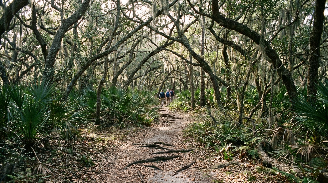A shaded trail through coastal live oak forest at the Naval Live Oaks Area of Gulf Islands National Seashore