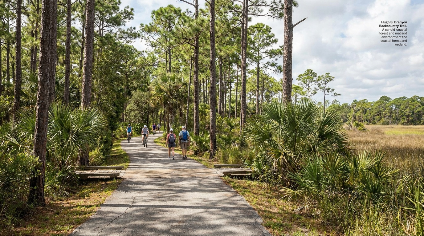 Paved Hugh S. Branyon Backcountry Trail through coastal forest and wetlands