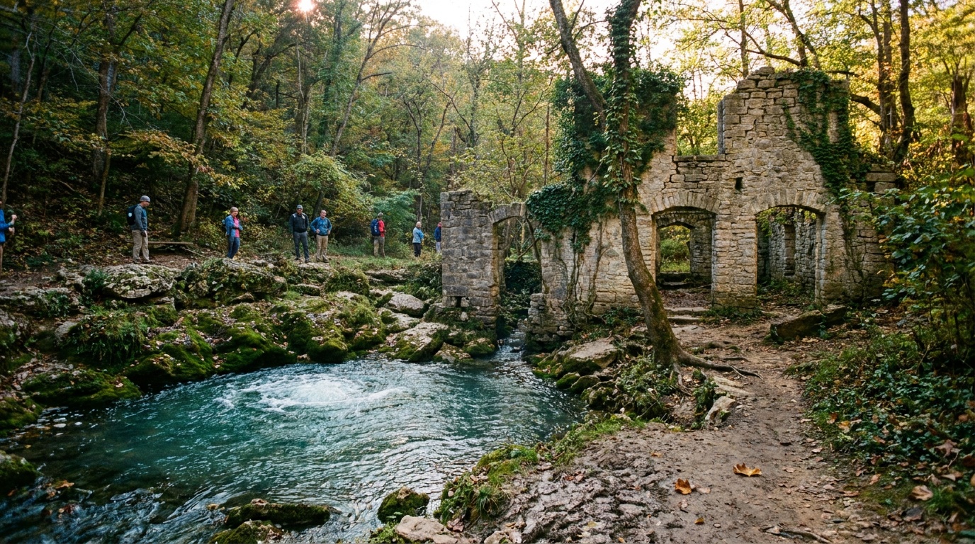Crystal-clear water welling up at Ha Ha Tonka Spring at the head of the lake, with the weathered stone remnants of an old grist mill on the bank.