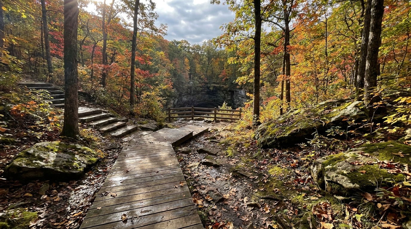 A wooden boardwalk and stone stairway descending through autumn forest toward the Whispering Dell sinkhole overlook, dappled afternoon light on the leaves.