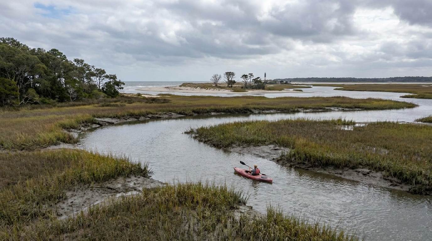 Salt marsh and paddle trails between the mainland and Bear Island