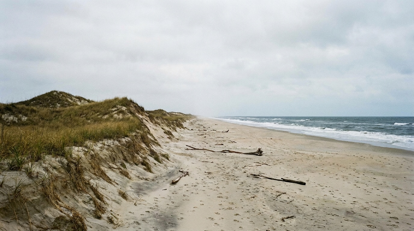 Empty Atlantic shoreline and dunes on Bear Island