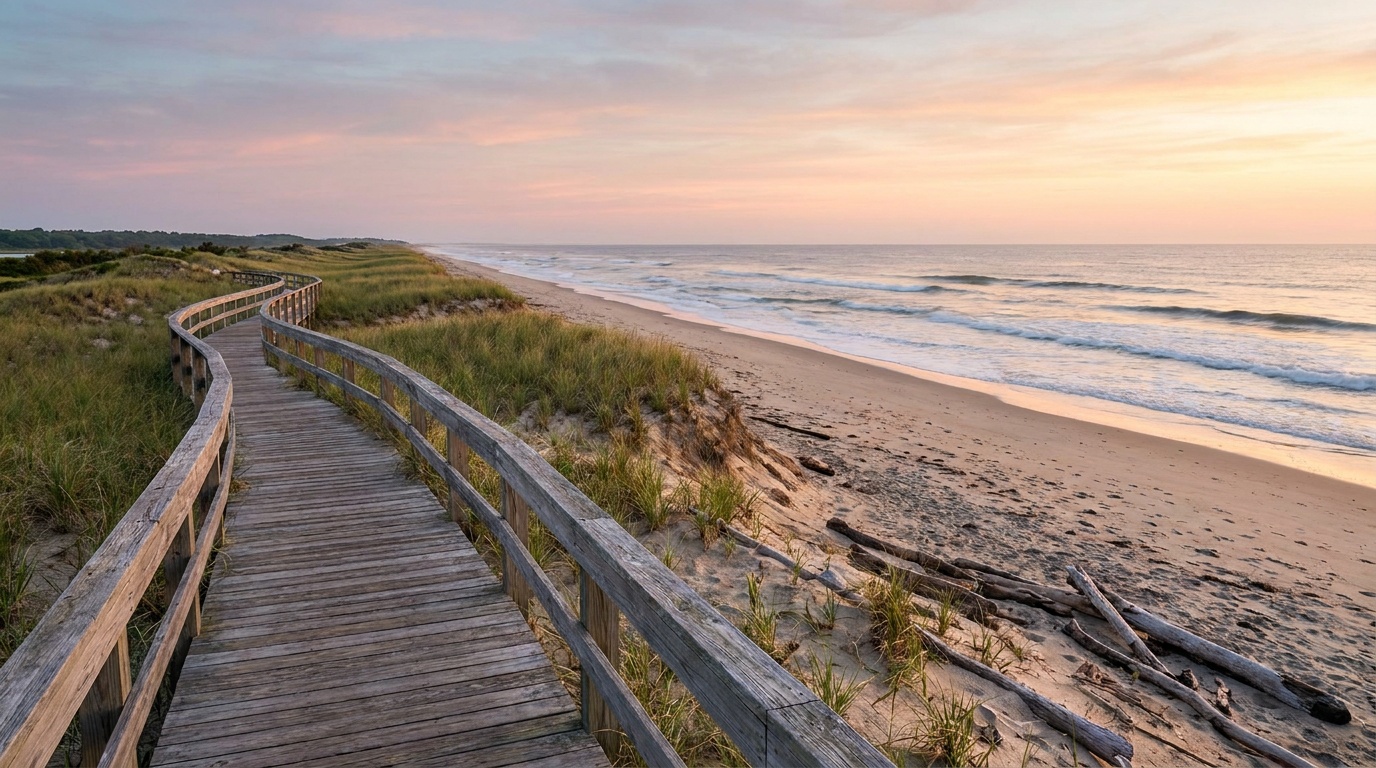 A wide two-mile sandy beach at Hammonasset Beach State Park on Long Island Sound at sunrise, gentle waves, a long boardwalk curving along the dunes, soft pink and gold sky, photorealistic coastal landscape