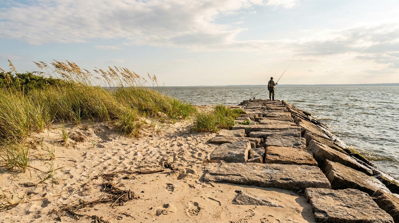 The rocky Meigs Point jetty at Hammonasset Beach State Park reaching into Long Island Sound, an angler casting, beach grass and dunes in the foreground, bright summer light, photorealistic