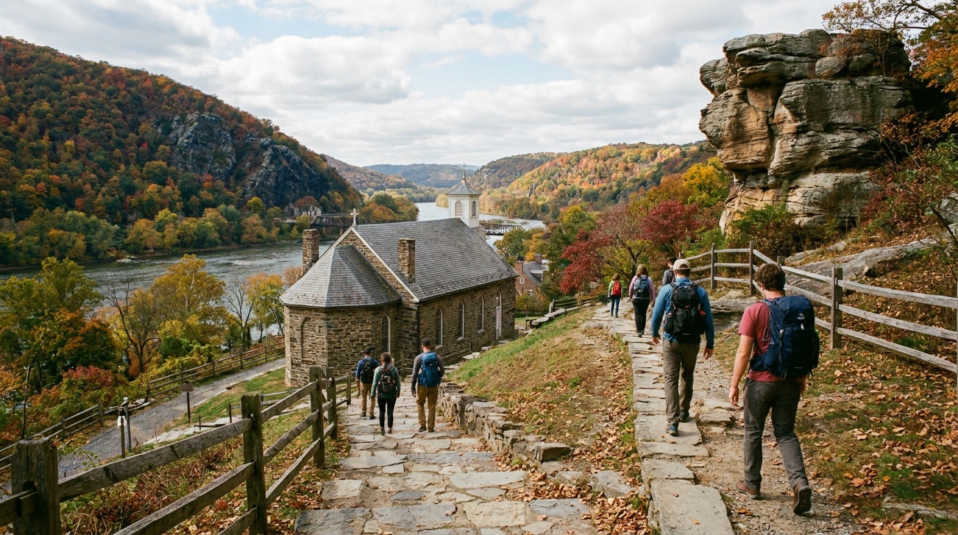 The stone steps climbing past St. Peter's Church to Jefferson Rock above Harpers Ferry, river views through autumn trees, hikers on the Appalachian Trail