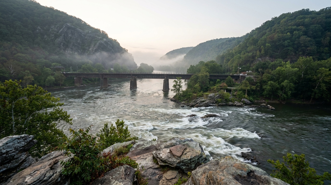 The Point at Harpers Ferry where the Potomac and Shenandoah rivers meet, three states visible, railroad bridge and rapids, misty morning light