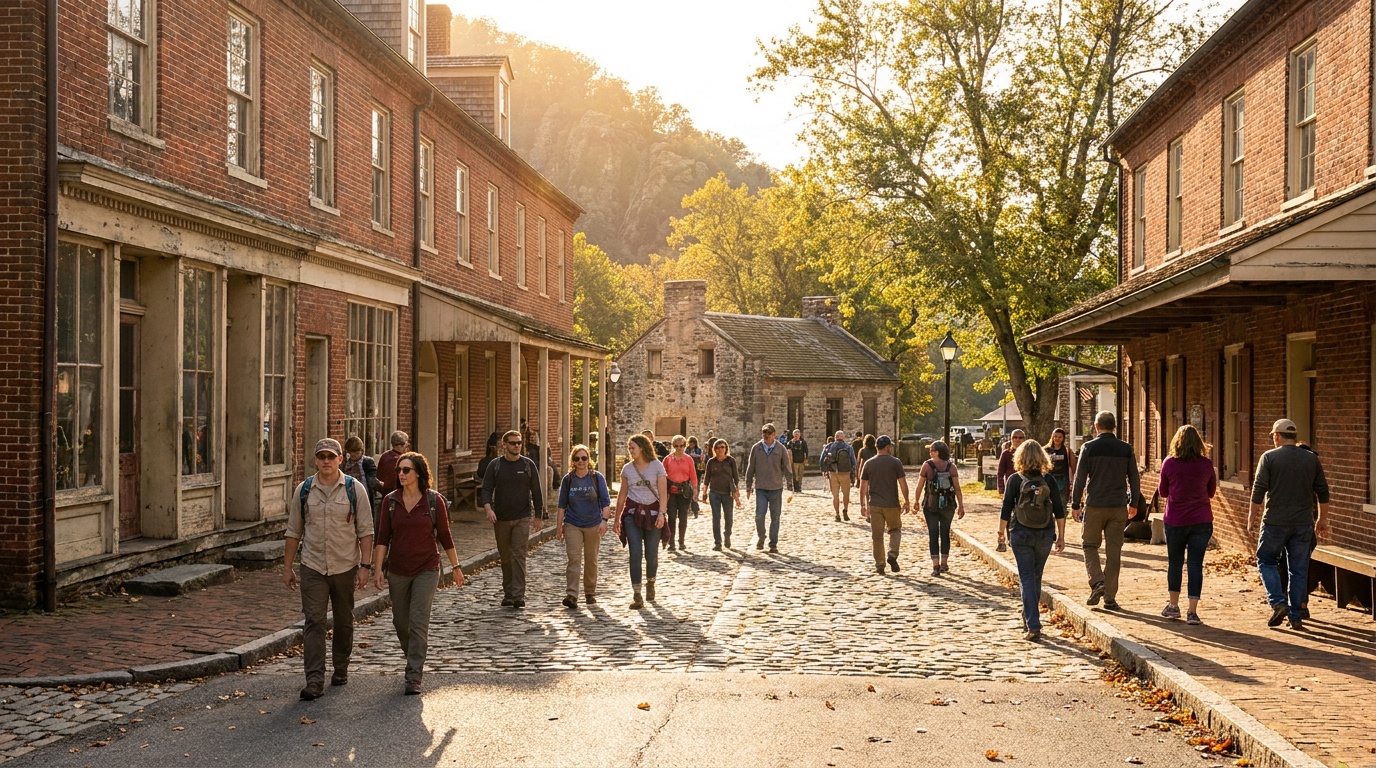 Lower Town Harpers Ferry historic district, restored 19th-century brick shops and cobblestone street, John Brown's Fort, visitors strolling, warm afternoon light