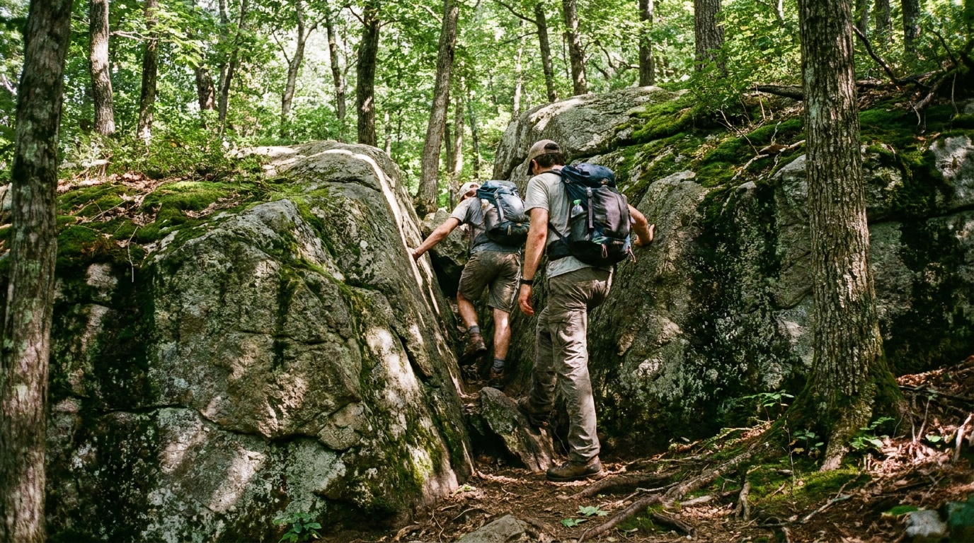 Hikers passing through the famous Lemon Squeezer rock squeeze on the Appalachian Trail in Harriman State Park, narrow granite passage between mossy boulders, dappled forest light, photorealistic adventure photography