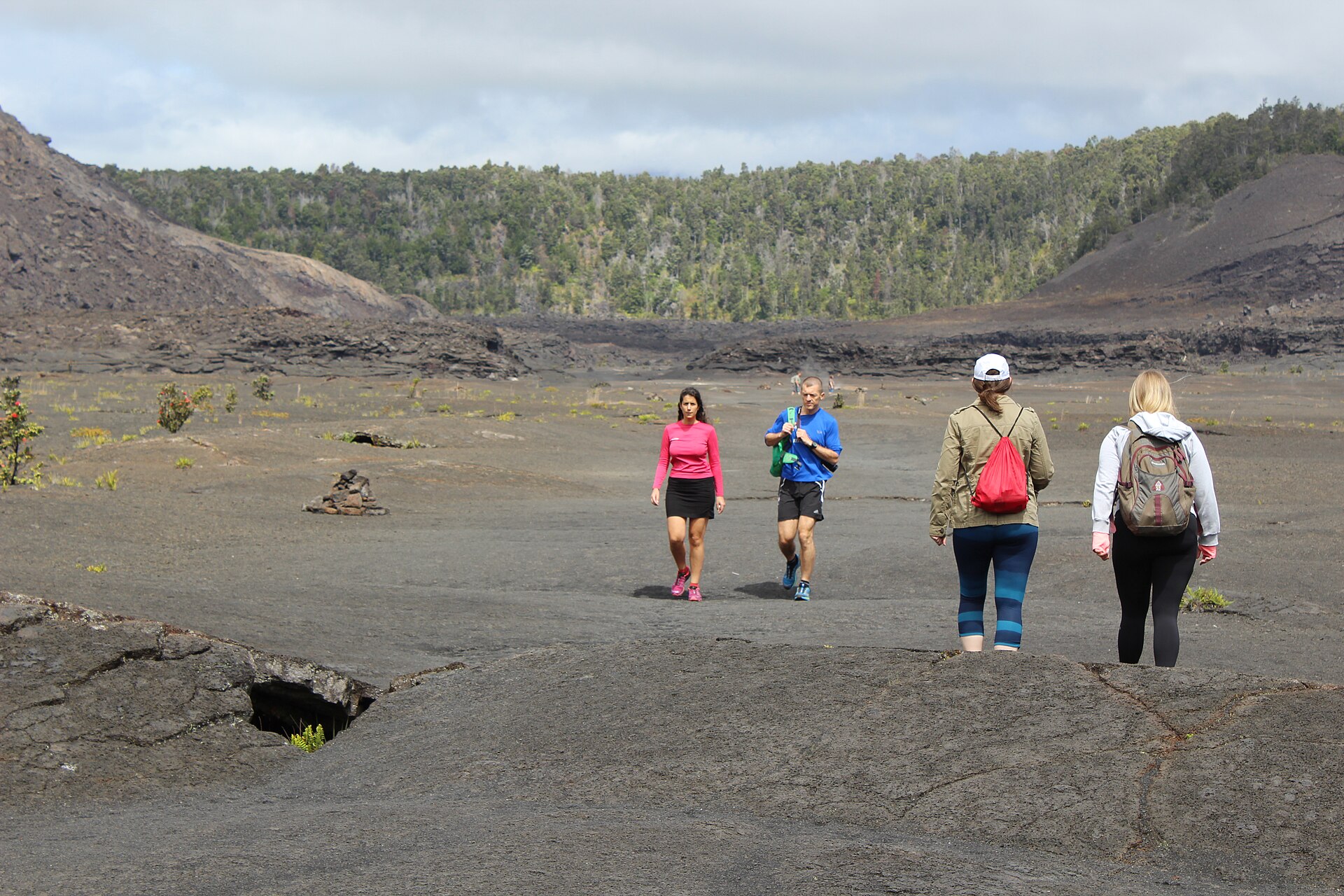 The Kilauea Iki Trail crossing a broad lava crater floor