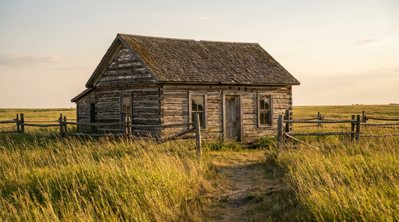 The small weathered Palmer-Epard homestead log cabin from 1867 surrounded by tall prairie grass, evening light