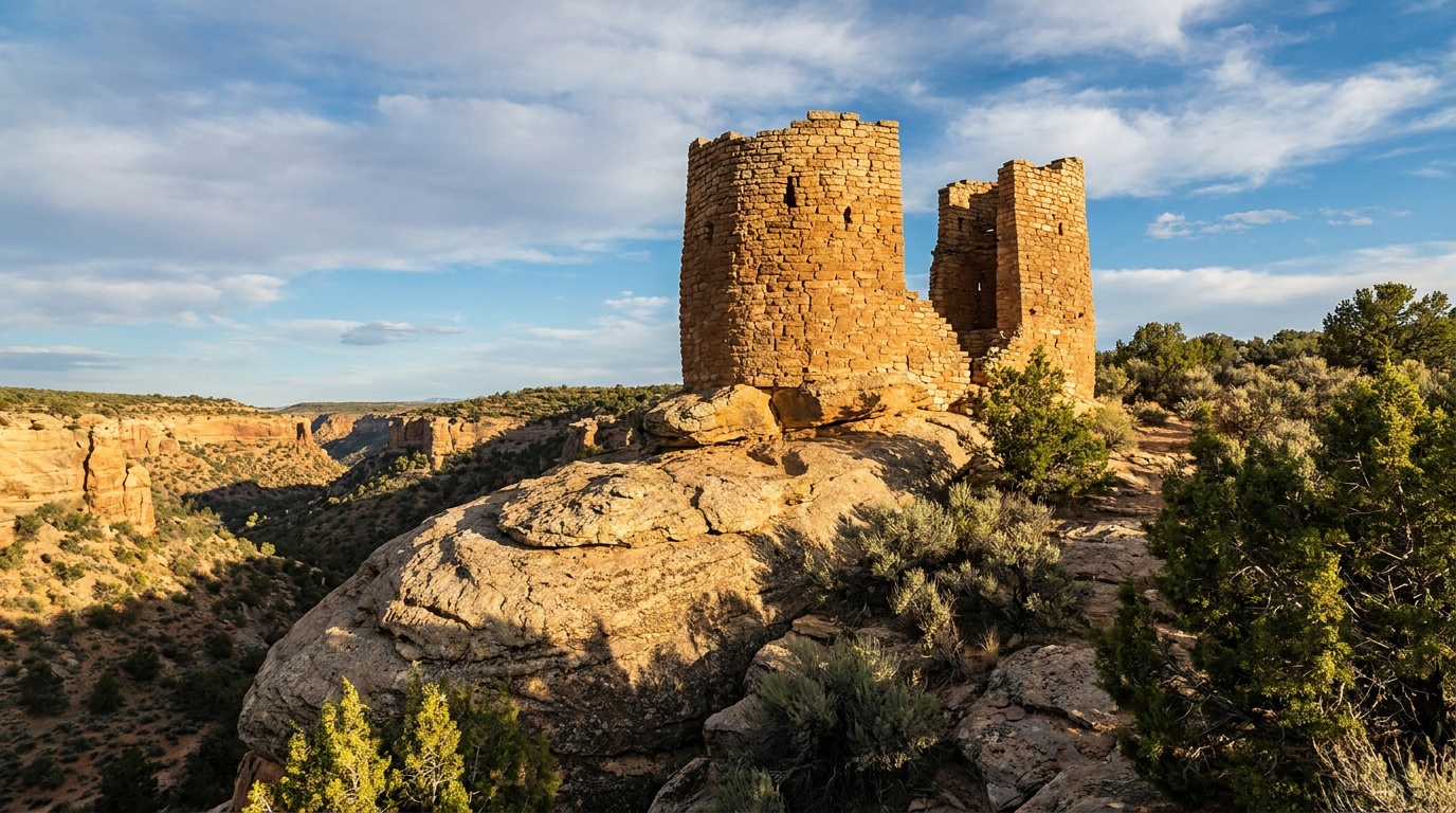 Twin Towers of Hovenweep balanced on a sandstone boulder above the canyon, detailed masonry, blue sky, dramatic side light