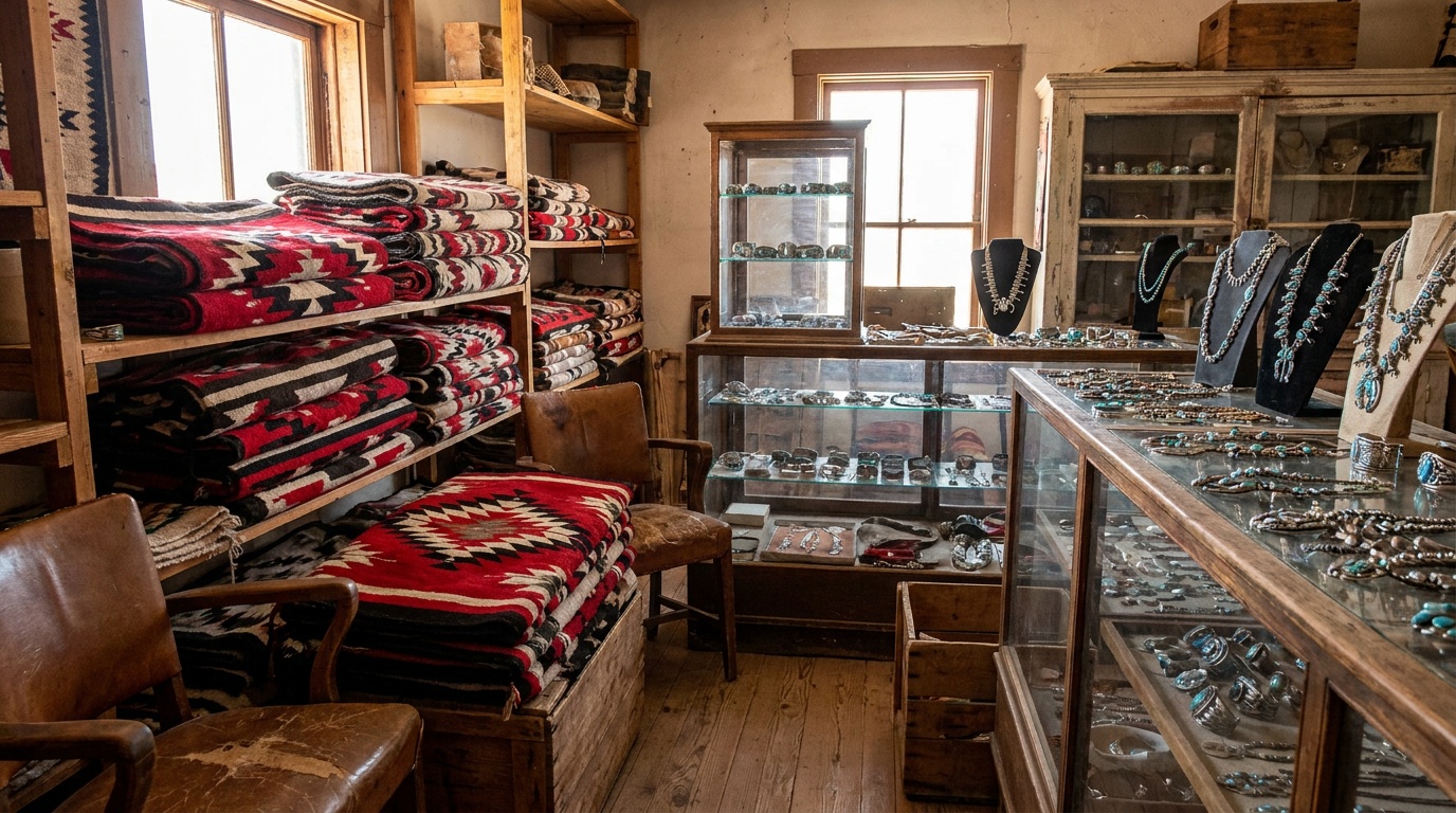 A back room at Hubbell stacked with handwoven Navajo rugs in bold geometric patterns and cases of silver-and-turquoise jewelry