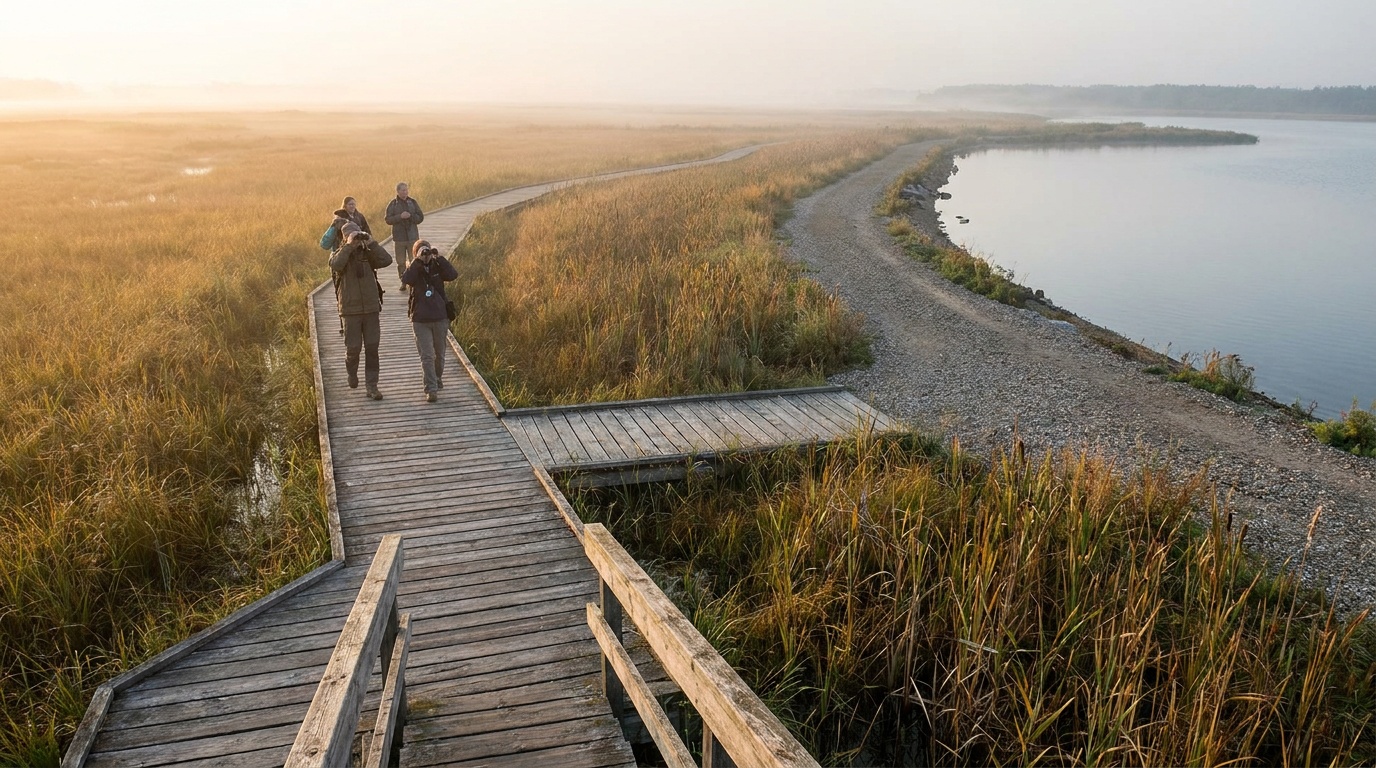 The marsh causeway and birding boardwalk over the lagoon