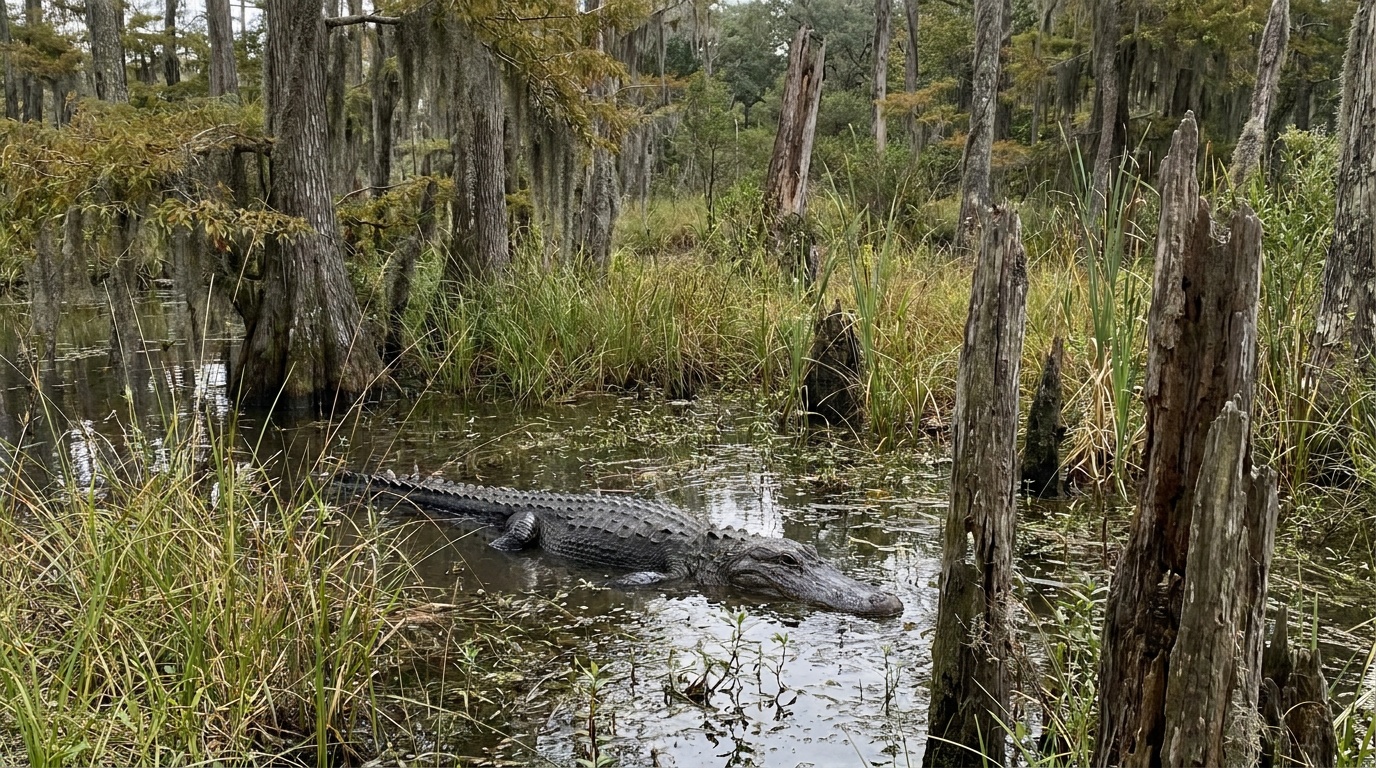 An alligator in the freshwater lagoon at Huntington Beach State Park