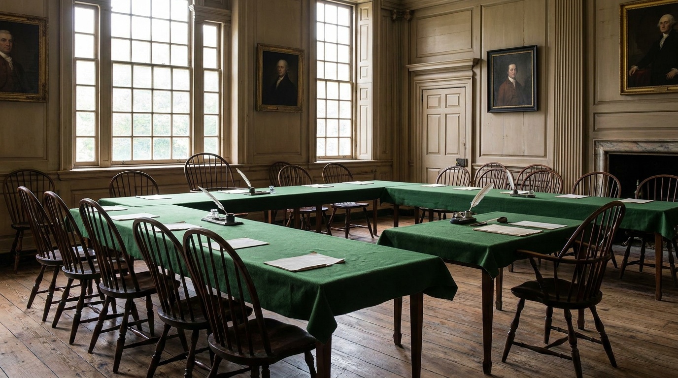 The Assembly Room inside Independence Hall, green-baize tables and Windsor chairs where the Declaration was debated, soft window light