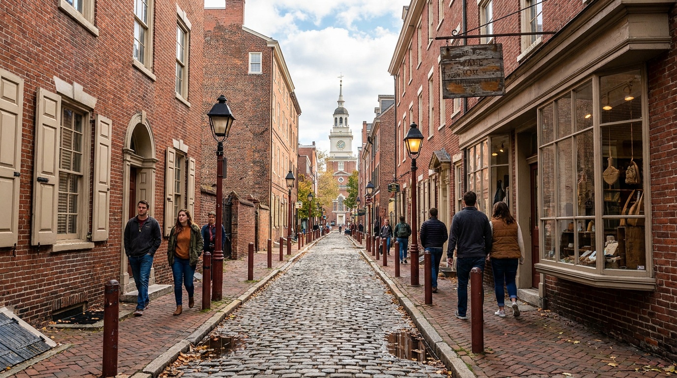 A cobblestone Old City Philadelphia street lined with colonial brick buildings near Independence Hall, lanterns and historic storefronts