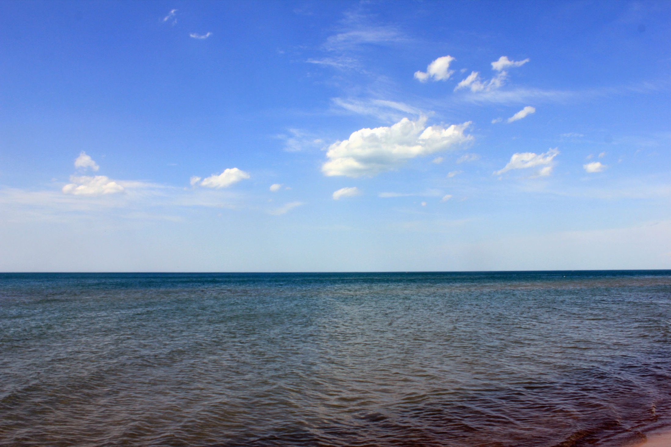 Wide view of the Lake Michigan shoreline at Indiana Dunes National Park, with calm blue water meeting a sandy beach under an expansive sky