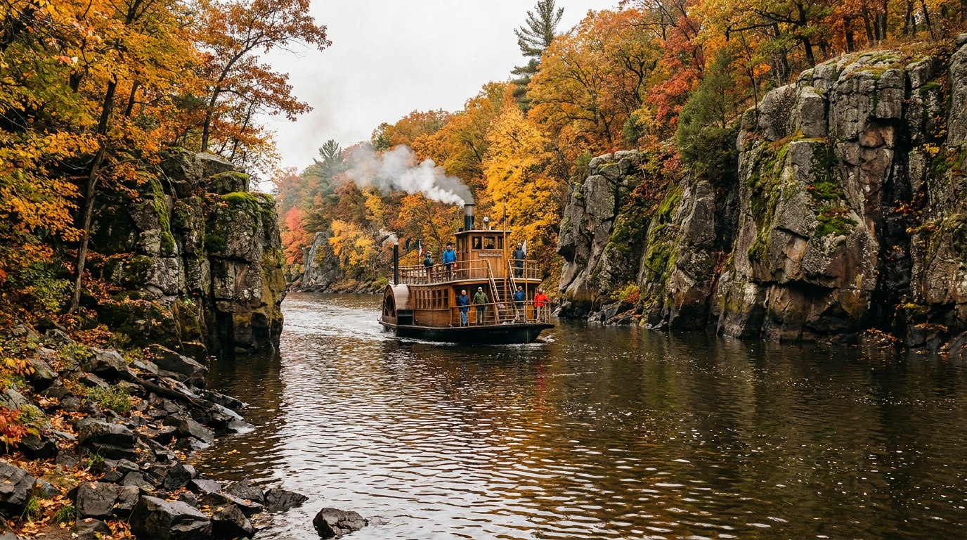 A paddleboat riverboat cruising through the narrow basalt gorge of the St. Croix River below towering cliffs at Interstate State Park, autumn color reflected on the water