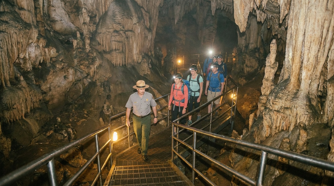 A ranger-led tour group on the lit metal stairway of the Jewel Cave Scenic Tour, descending through a tall decorated cavern