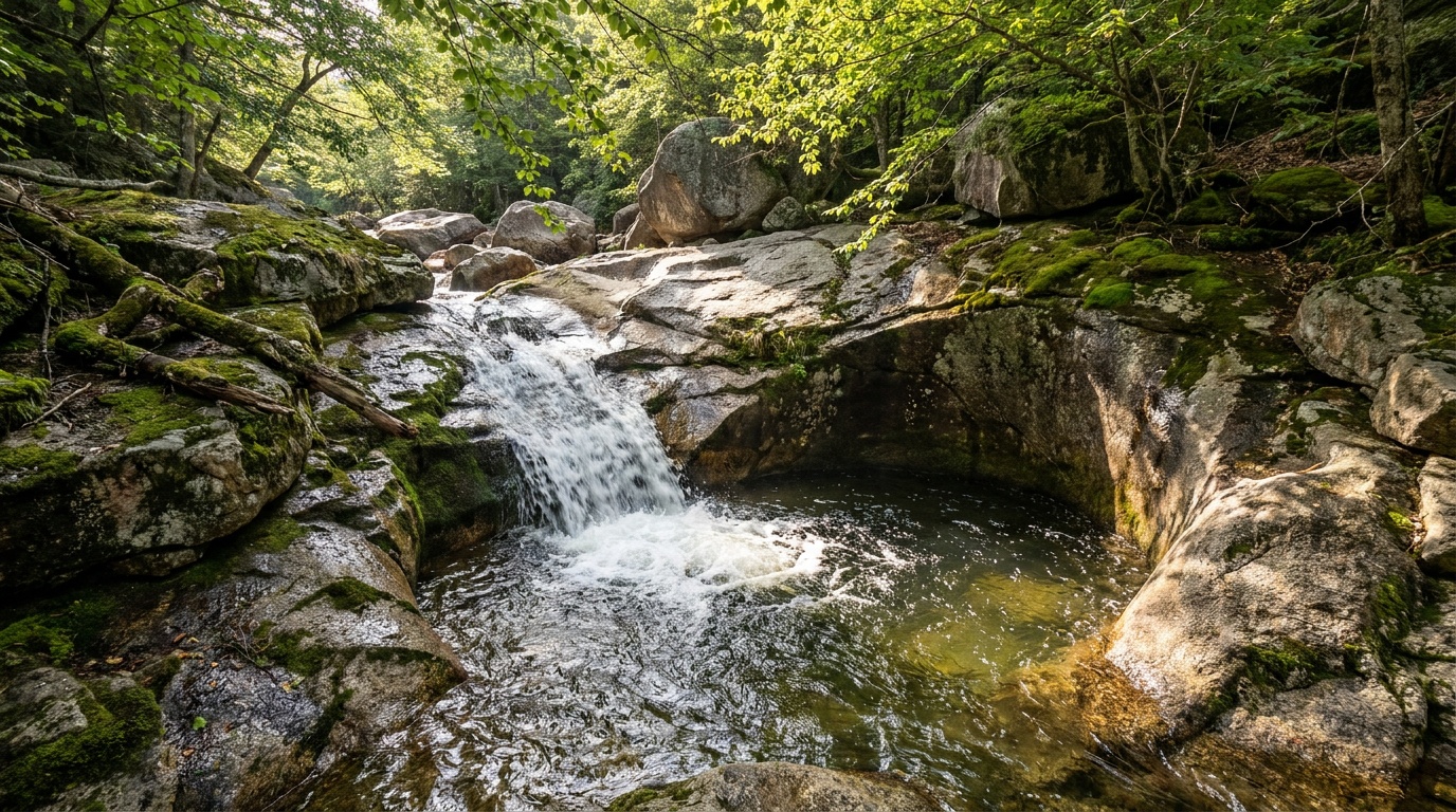 Cascading water sliding over smooth rounded boulders in a sunlit pothole pool at the shut-ins, surrounded by mossy rock and overhanging green branches.