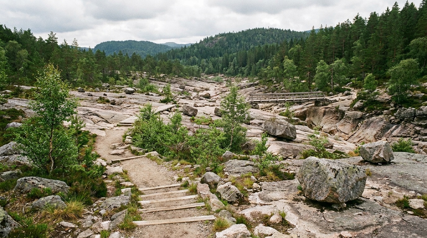 The Scour Trail crossing a bedrock-stripped valley reshaped by the 2005 reservoir breach, scattered boulders and young regrowth against forested ridges.