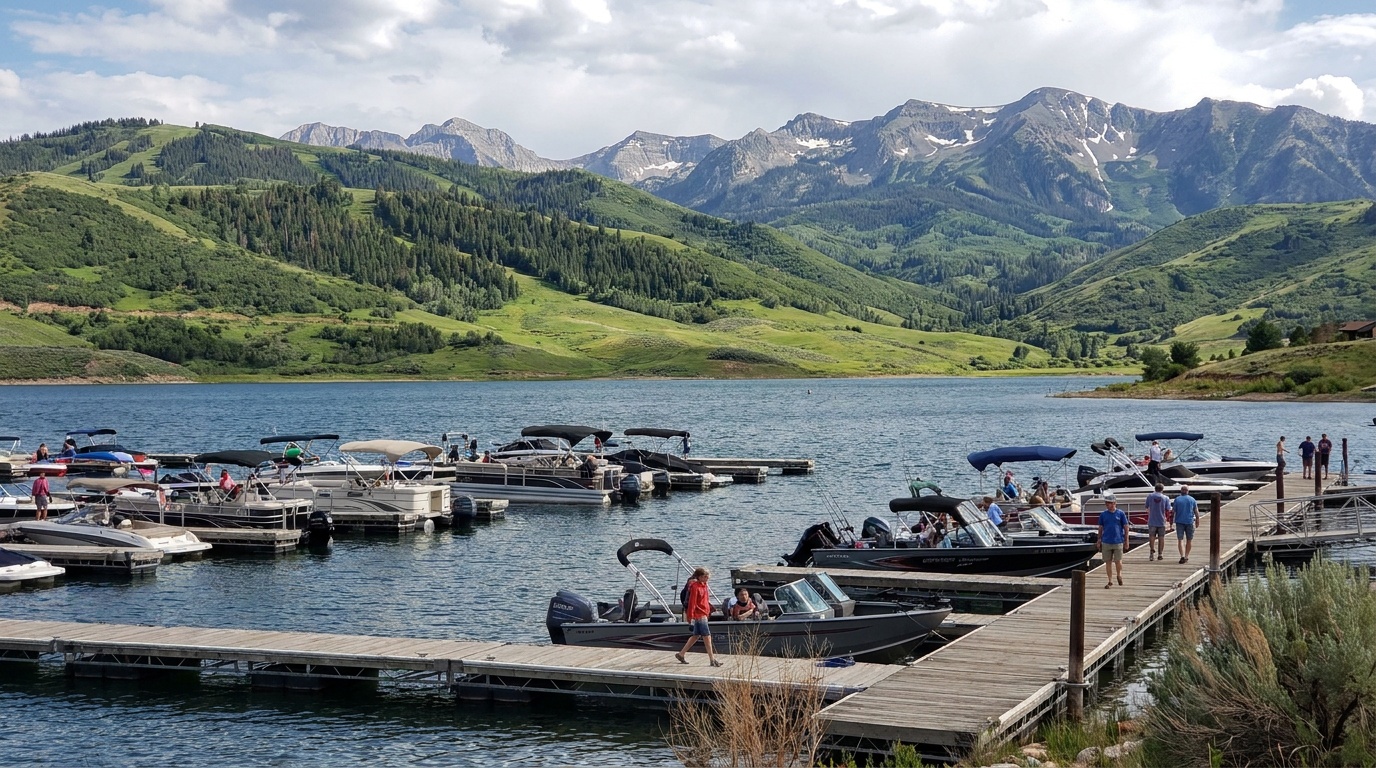 Jordanelle Reservoir's blue mountain water with boats at the Hailstone marina, green forested hills and the high Wasatch peaks behind, summer afternoon