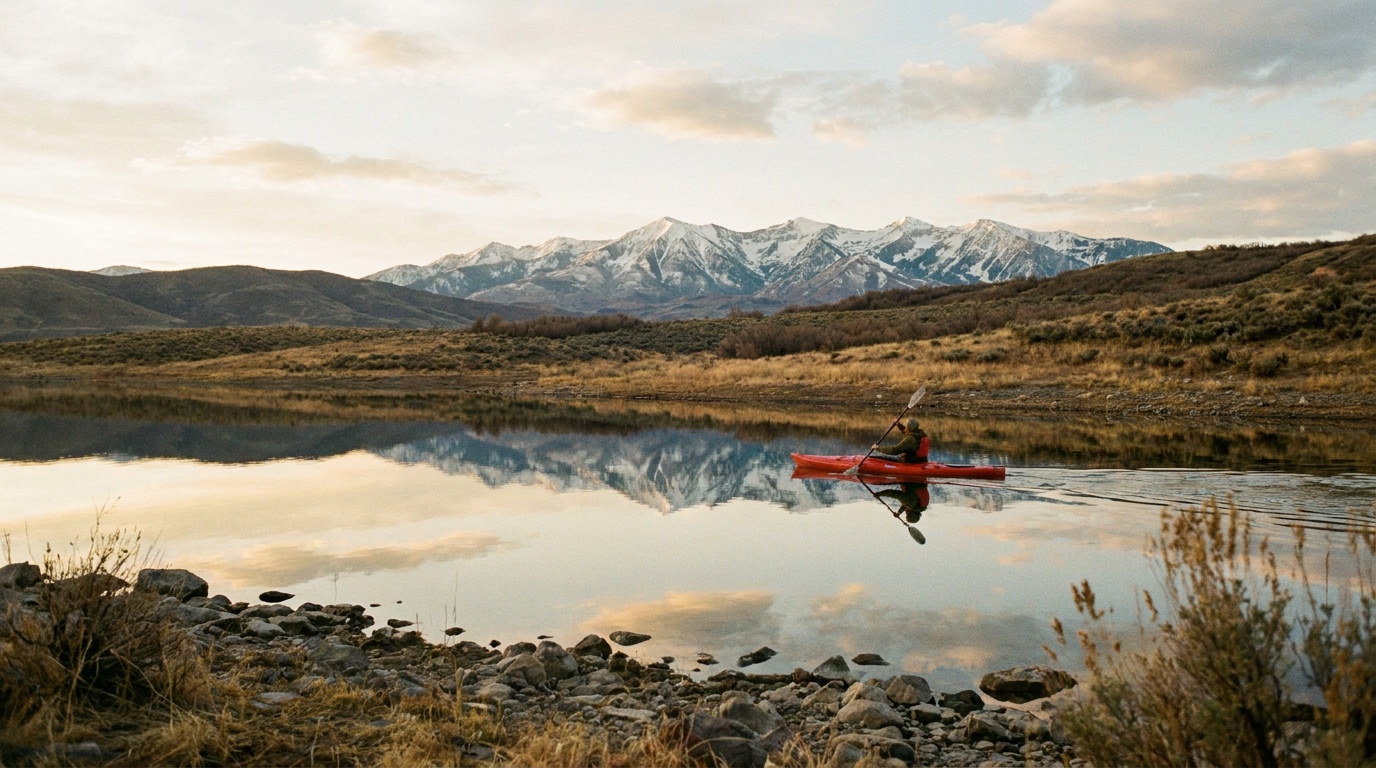 A kayaker paddling on the glassy morning water of Jordanelle Reservoir with snow-dusted mountains reflected in the lake