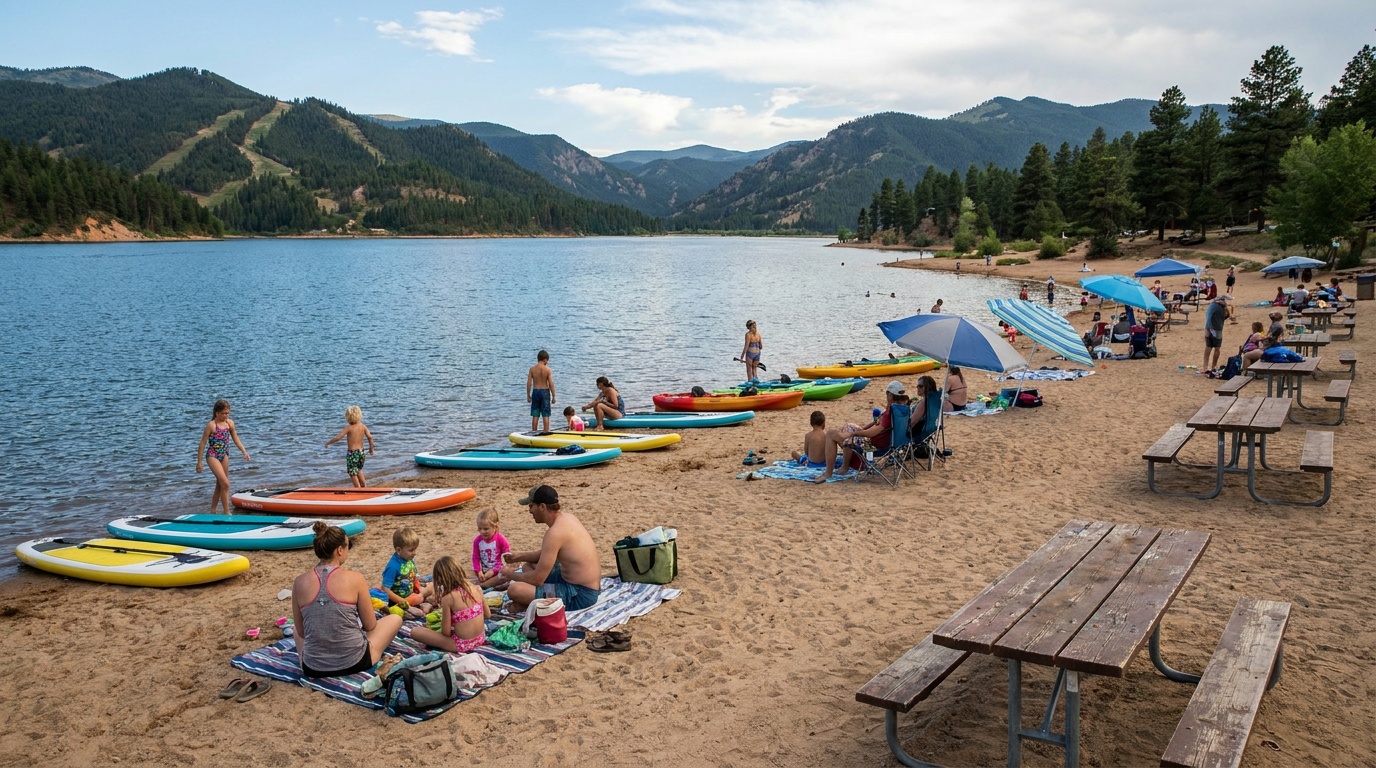 A sandy day-use beach at Jordanelle with families and paddleboards, calm blue reservoir water, pine-covered mountain slopes beyond