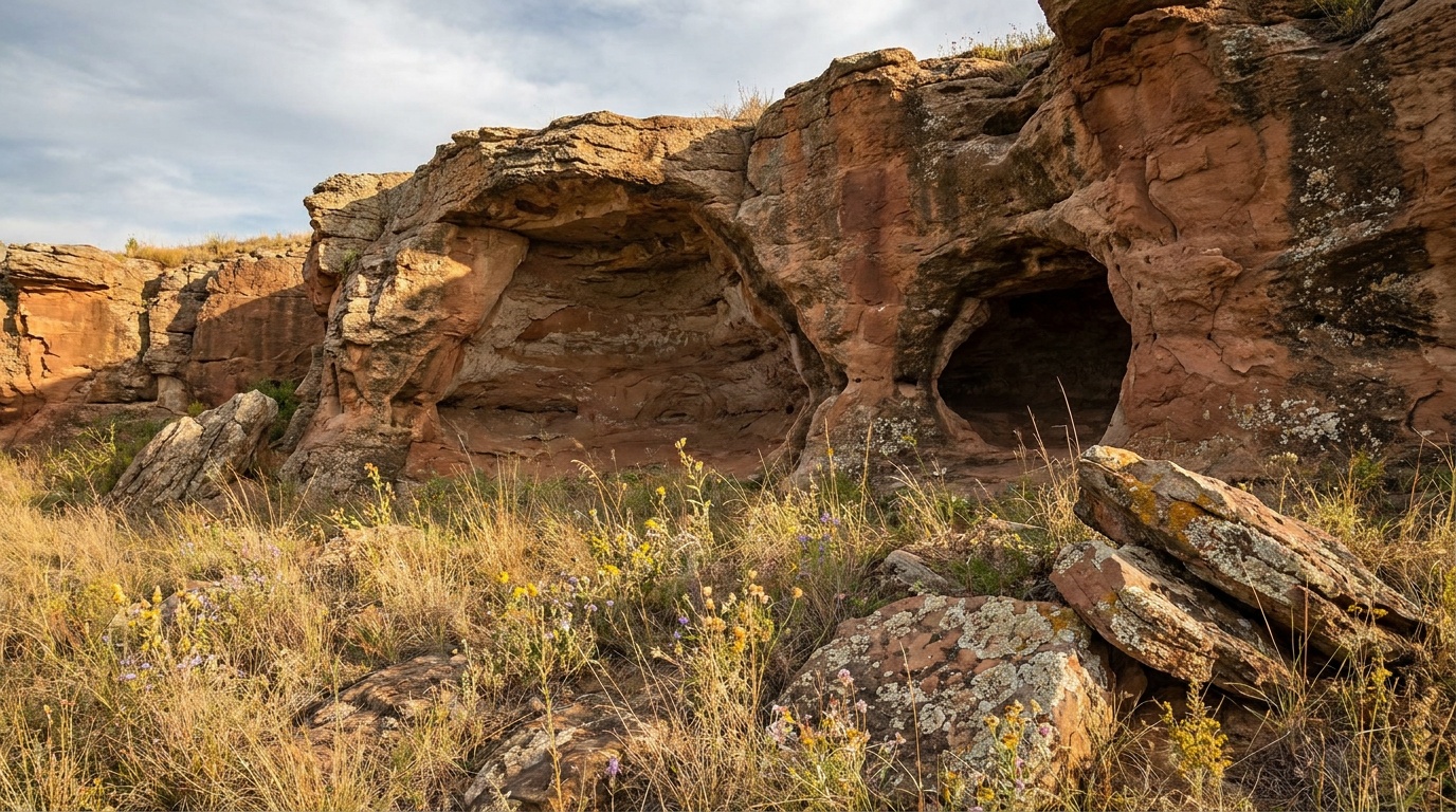 A small sandstone cave and weathered rock alcove carved into a Kanopolis canyon wall, prairie grasses and wildflowers in the foreground.