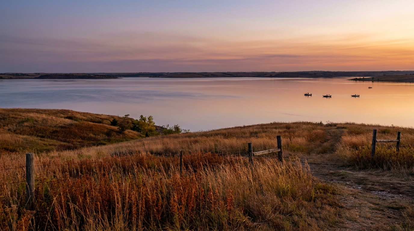 The wide Kanopolis Reservoir at dusk with a tallgrass-prairie shoreline, distant boats, and a sweeping Kansas sky reflected on calm water.