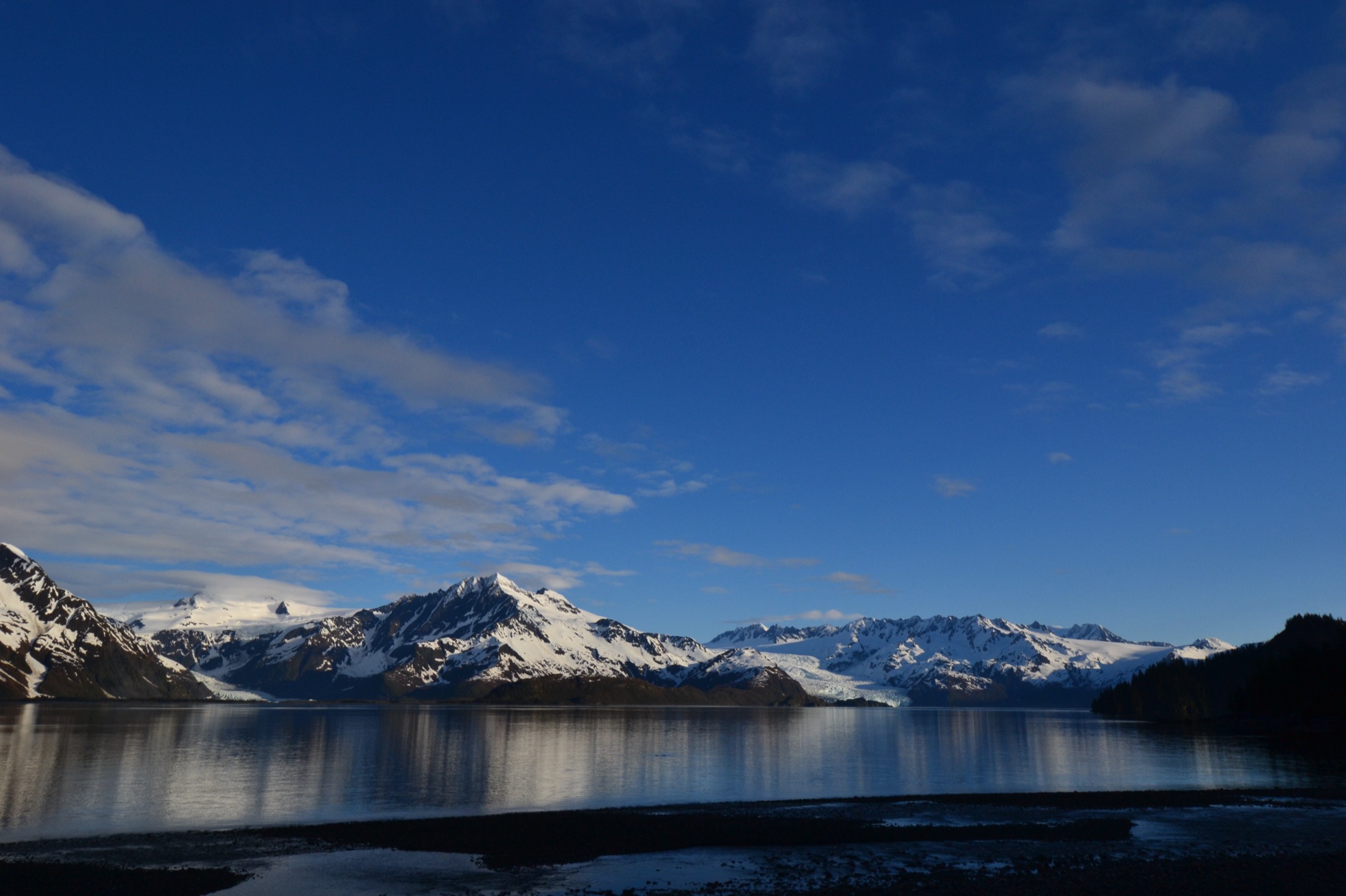 Early morning light over the icy expanse of Pedersen and Aialik Glaciers descending toward the water in Kenai Fjords National Park, Alaska, framed by surrounding coastal mountains.