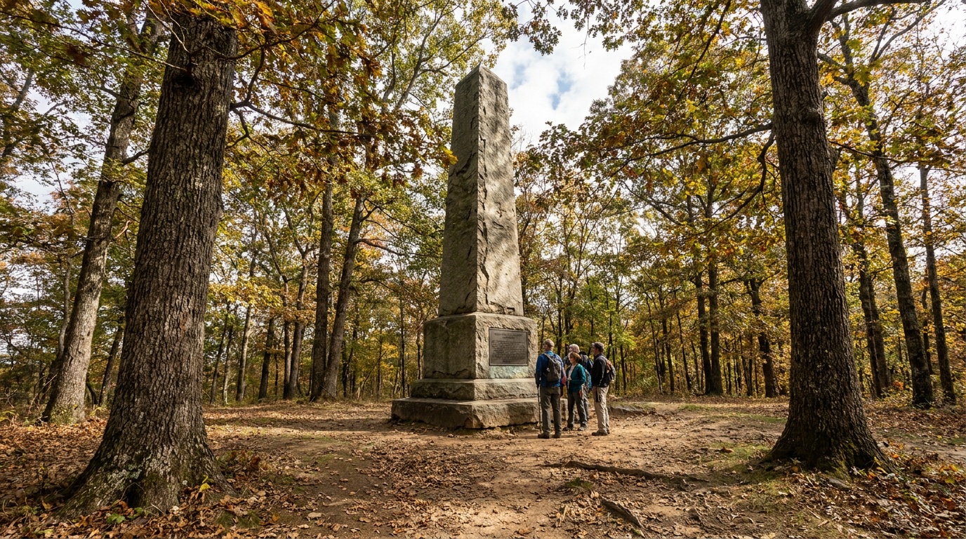 The U.S. Monument obelisk at the summit of Kings Mountain among tall trees, Revolutionary War memorial, dappled sunlight
