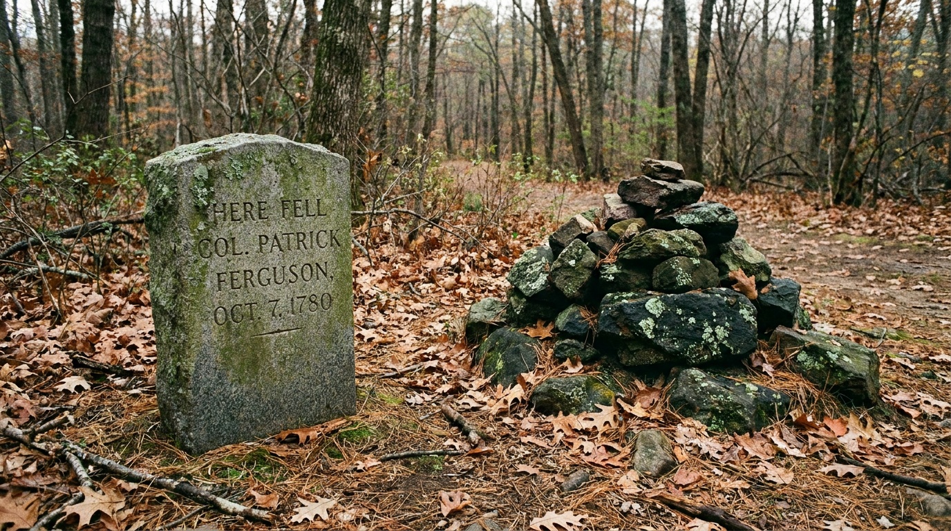 A grave marker and cairn of stones on the Kings Mountain battlefield where a commander fell, quiet forest floor with leaf litter