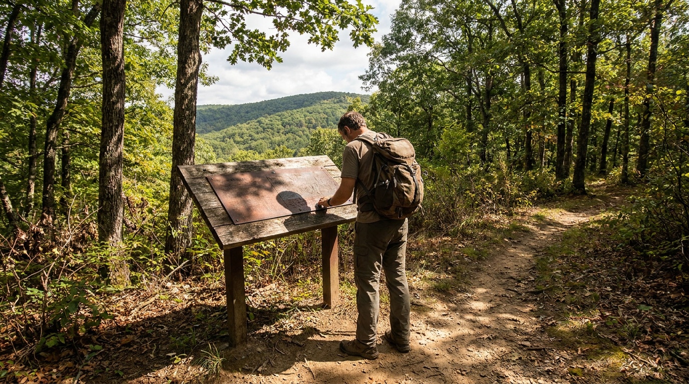 A visitor reading a wayside exhibit panel along the Kings Mountain Battlefield Trail, dappled forest light, the ridge rising behind