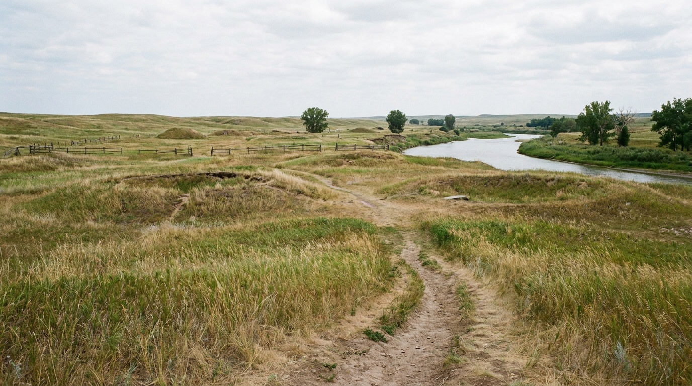 The village trail crossing mixed-grass prairie with circular earthlodge depressions visible in the ground along the Knife River, summer green