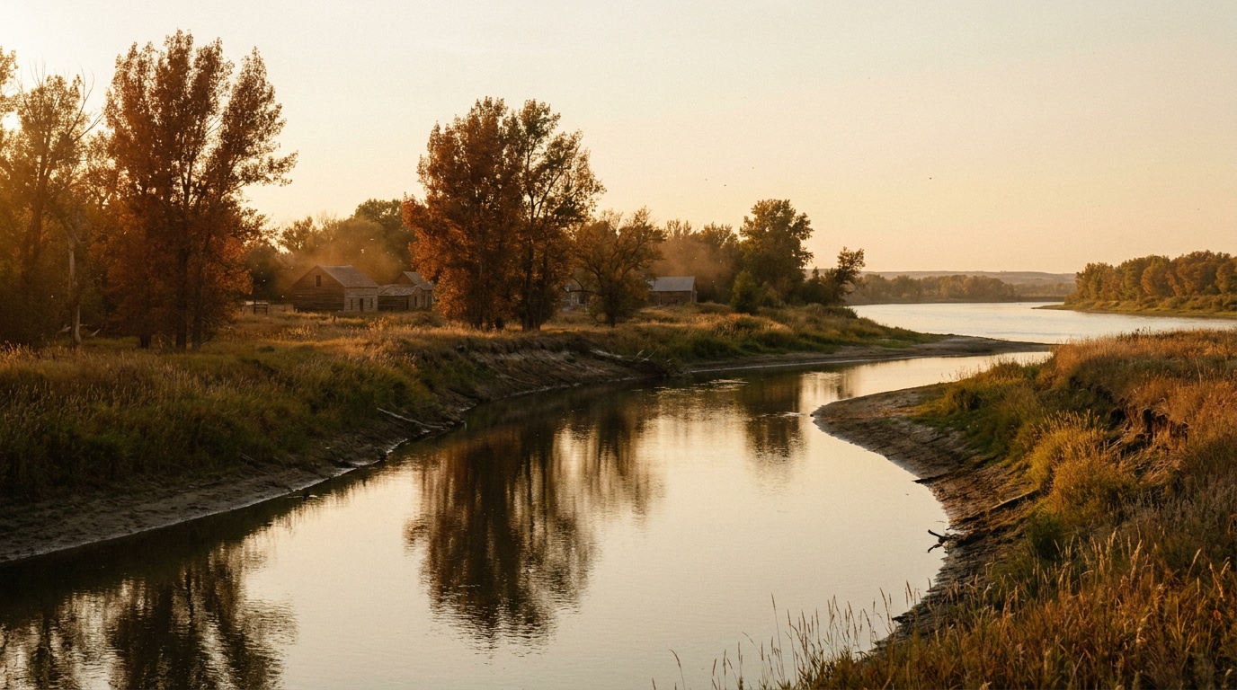 The Knife River meeting the Upper Missouri near the villages, cottonwood trees and prairie banks, calm reflective water at golden hour