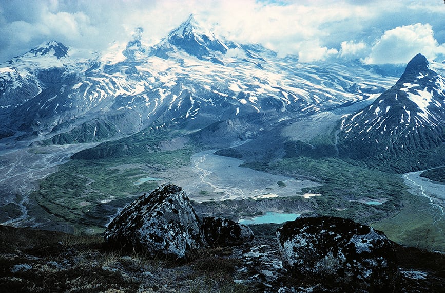 Redoubt Volcano and glaciers above a river valley