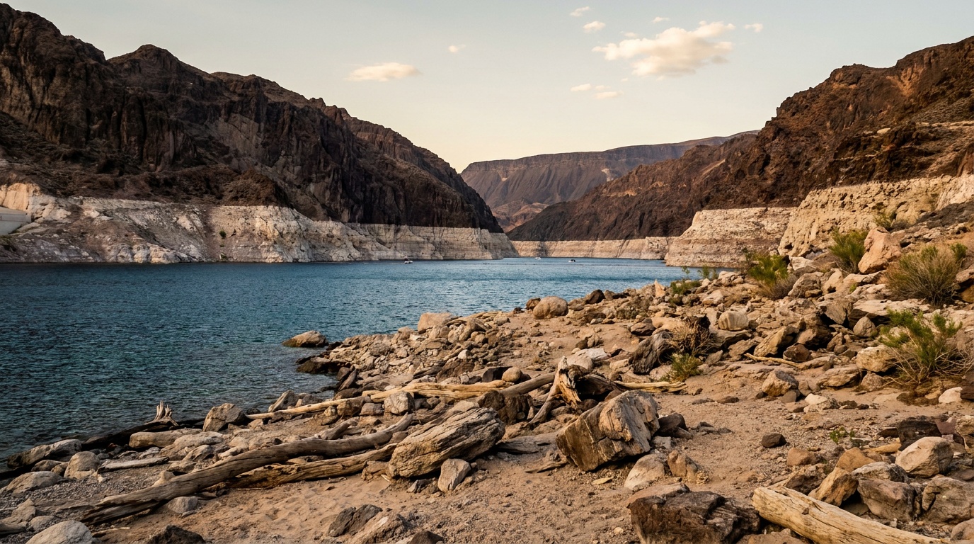 Boulder Beach shoreline and bathtub ring on the canyon walls at Lake Mead