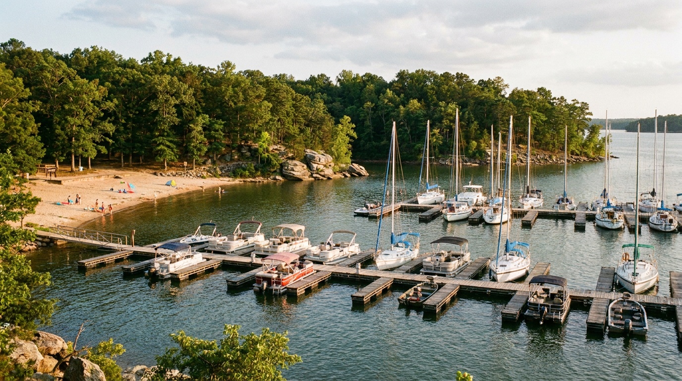 A marina at Lake Murray State Park with boats at the docks, a swimming beach and tree-lined shore in warm afternoon light.