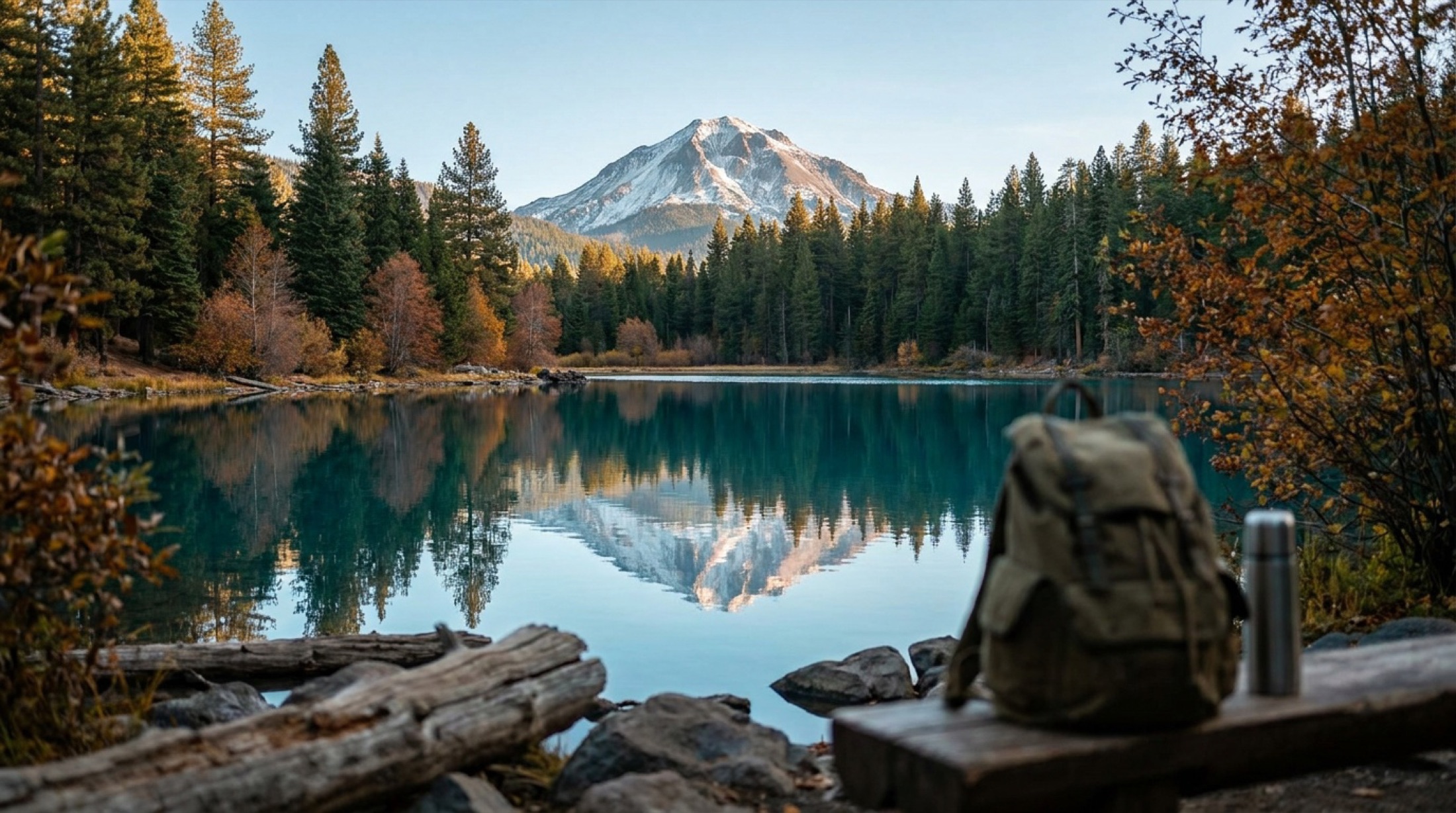Lassen Peak reflected in the still water of Manzanita Lake at first light.