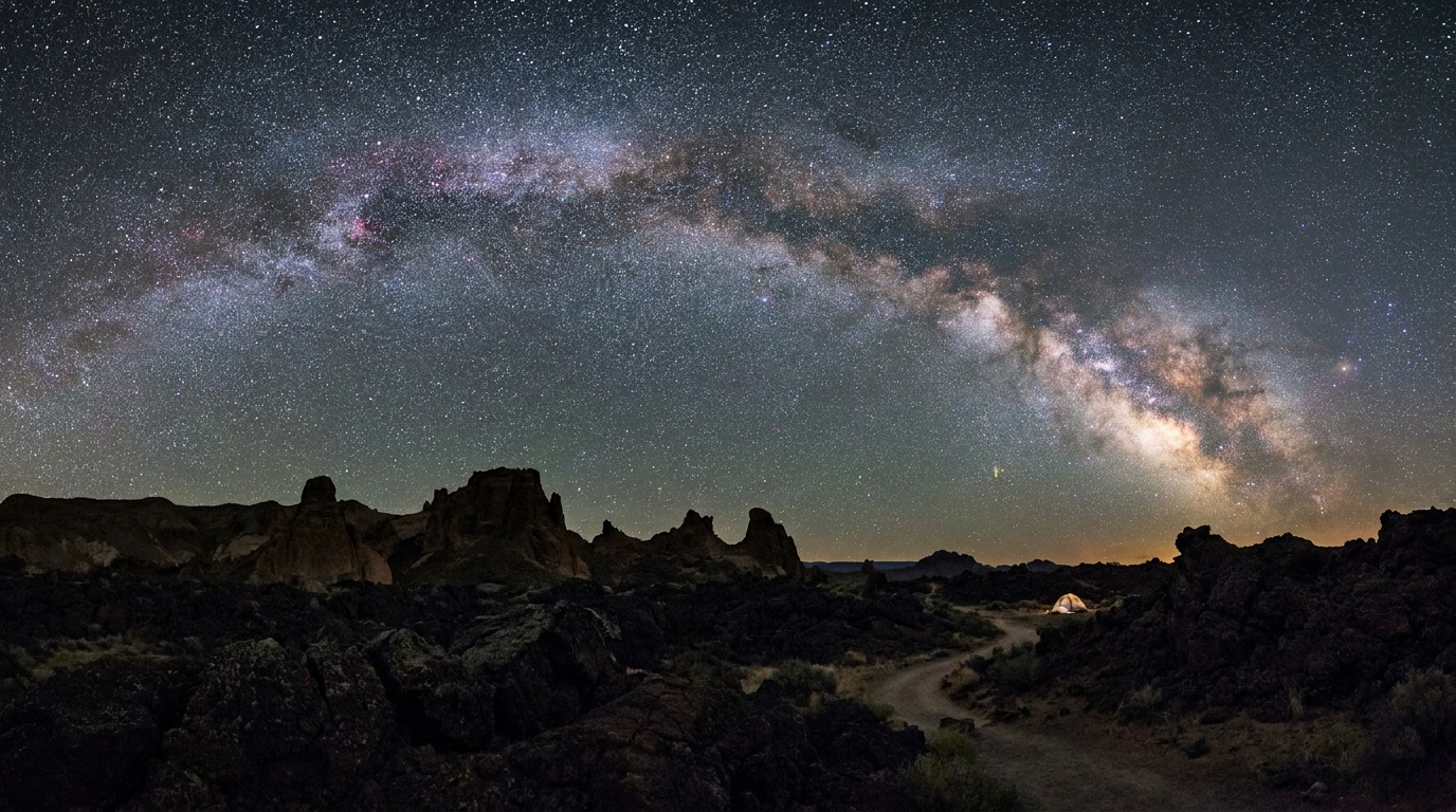 Brilliant Milky Way over the dark lava beds at night, stars filling the sky above the silhouetted high-desert landscape, remote and clear