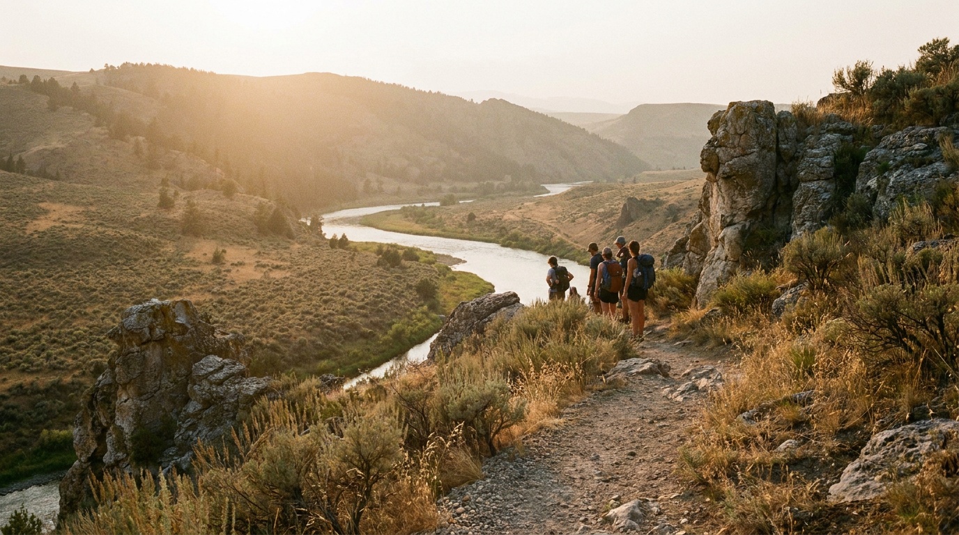 A panoramic view from the surface trails of Lewis and Clark Caverns State Park over the Jefferson River valley and rolling Montana foothills, golden evening light