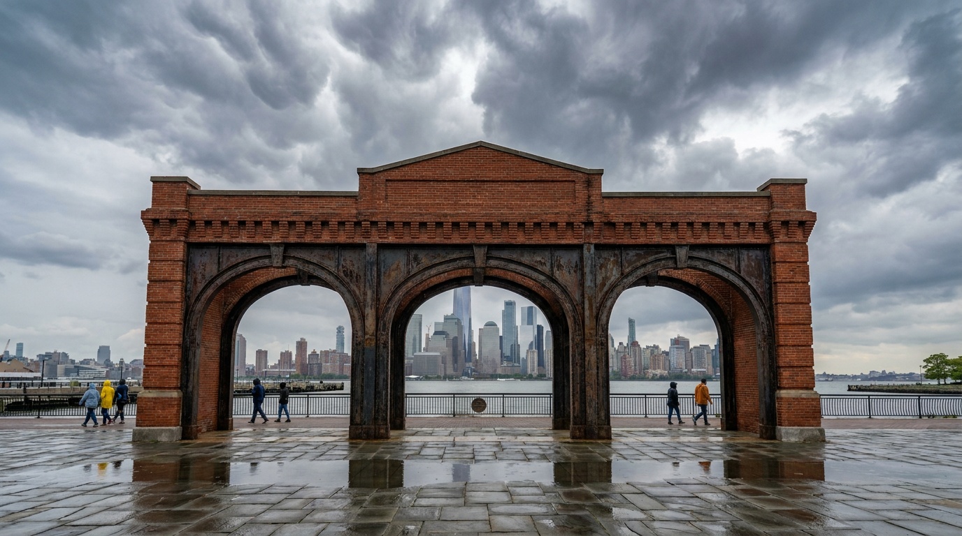 The historic 1889 Central Railroad of New Jersey Terminal at Liberty State Park, restored brick-and-iron train terminal facade, Manhattan skyline behind, dramatic sky