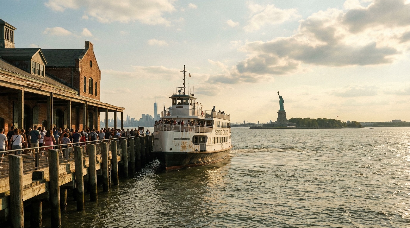 A ferry departing the CRRNJ Terminal dock at Liberty State Park bound for Ellis Island, the Statue of Liberty in the distance, summer afternoon, New Jersey