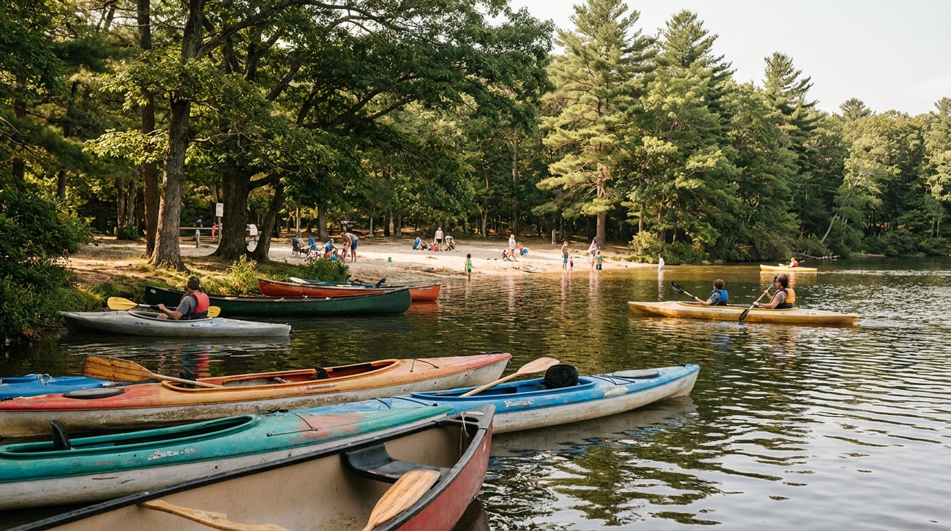 Kayaks and canoes on the calm surface of Olney Pond at Lincoln Woods State Park on a sunny summer day, wooded shoreline and swimming beach behind