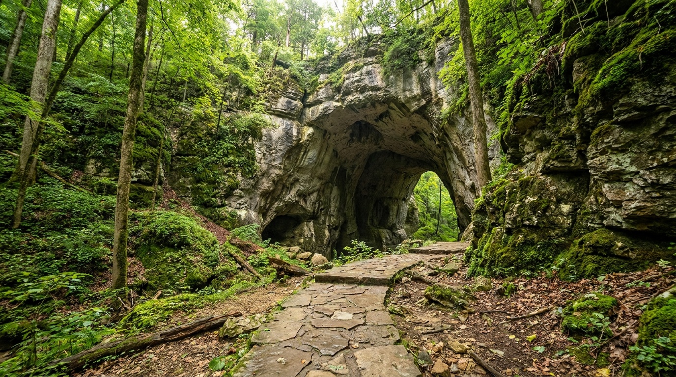 The large arched mouth of Dancehall Cave at Maquoketa Caves, a stone walkway leading into the dark limestone opening surrounded by green bluff forest.