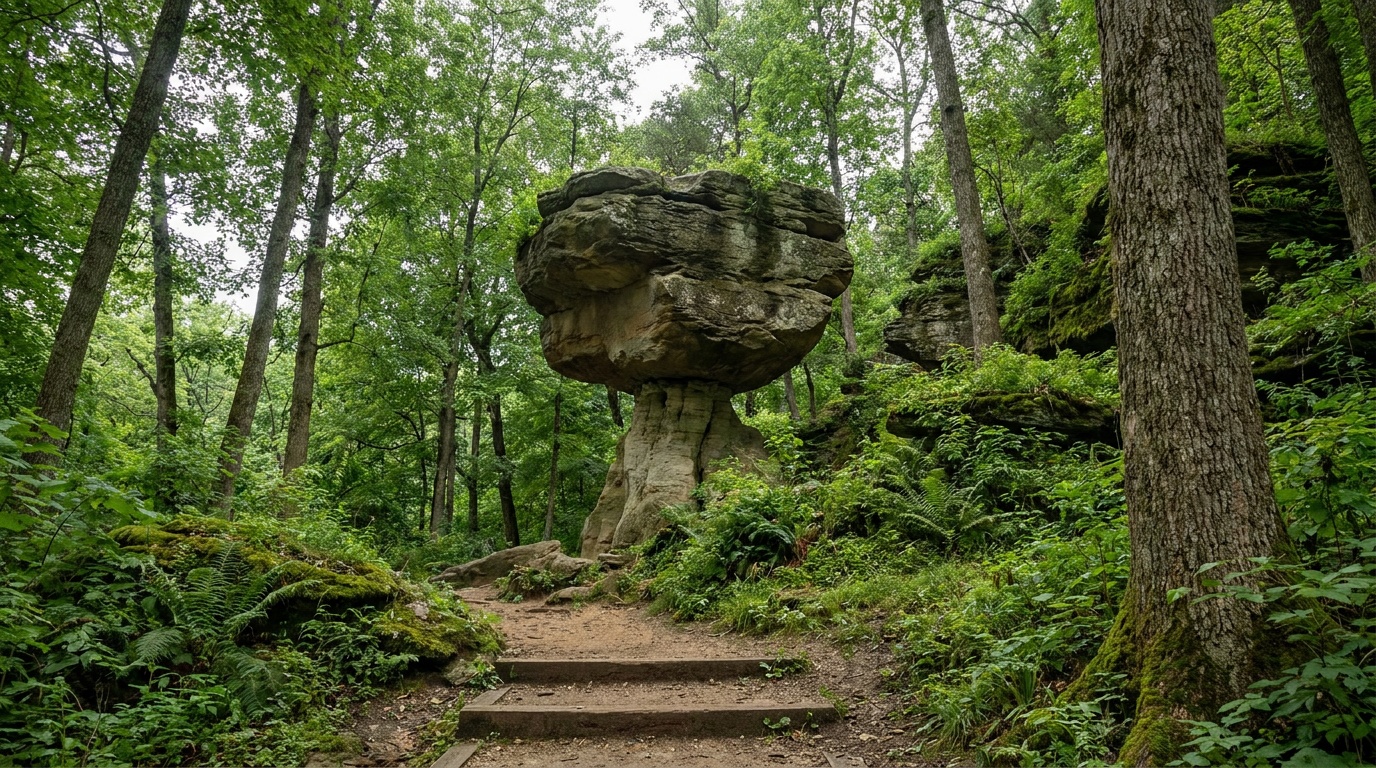 Balanced Rock at Maquoketa Caves, a large boulder perched improbably on a narrow limestone pedestal in the green wooded park.