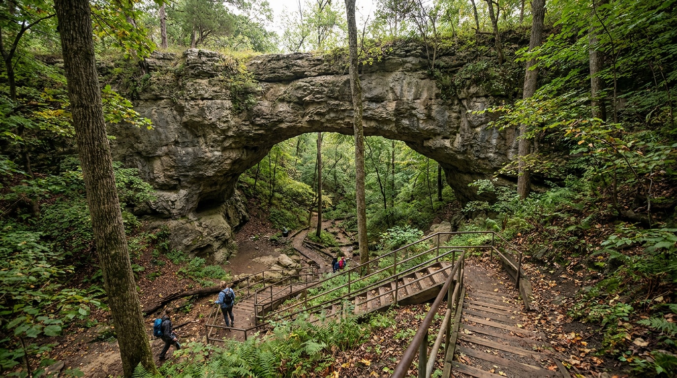 The Natural Bridge at Maquoketa Caves, a thick limestone arch spanning high above the wooded valley floor, a stairway visible below.