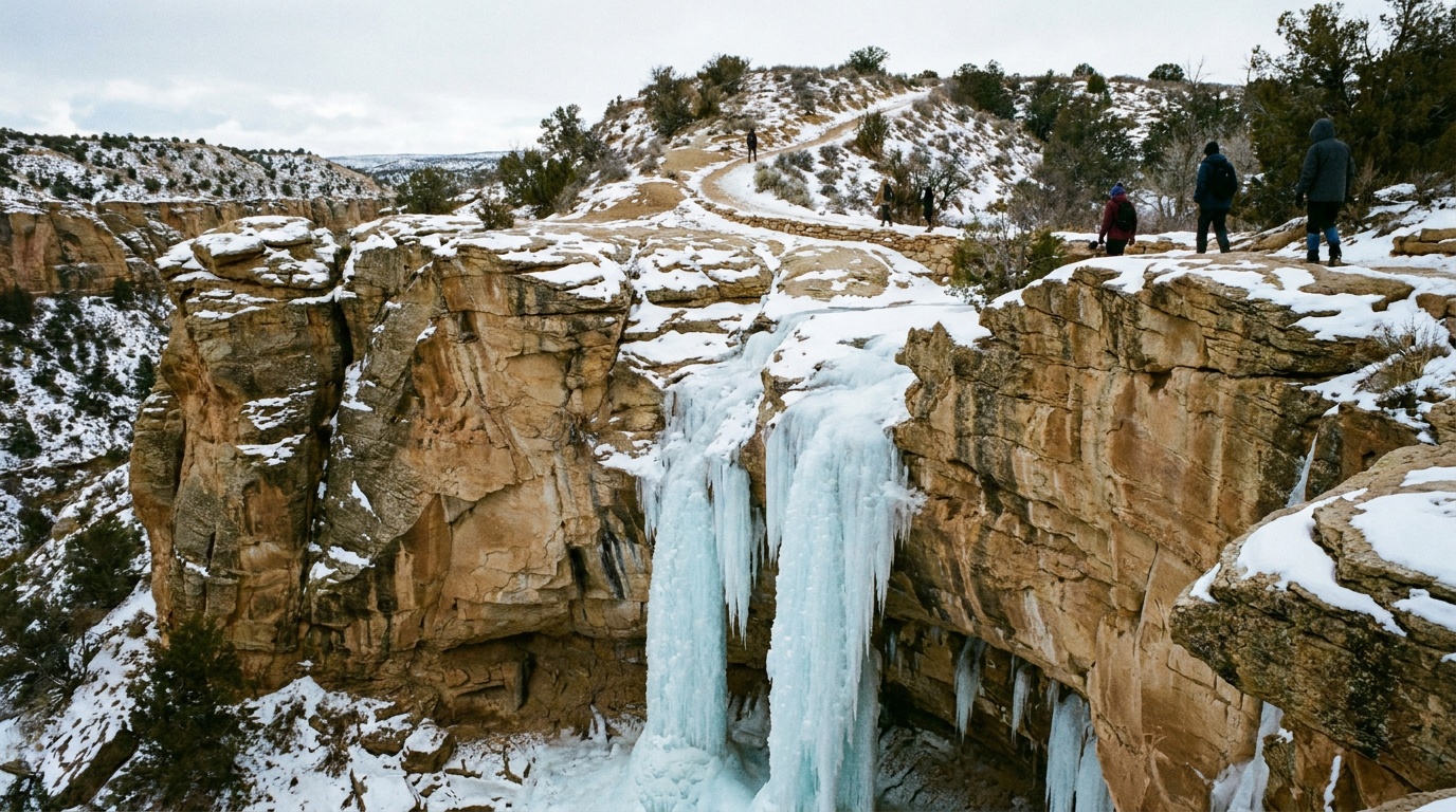 A frozen Matthiessen waterfall in winter, blue ice columns over tan canyon rock with snow dusting the bluff trail above.